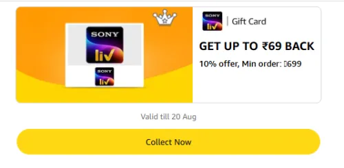 Image of Amazon Rewards : 10% Cashback on SonyLiv Gift Cards (Up to ₹69)