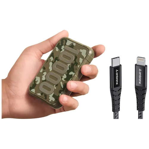 Image of Ambrane 10000mAh Rugged, Slim & Compact Powerbank with Lightning Cable