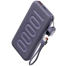 Ambrane 10000mAh Slim & Compact Powerbank with in-Build Type C Cable, 22.5W Fast Charging, USB & Type C Output, Power De