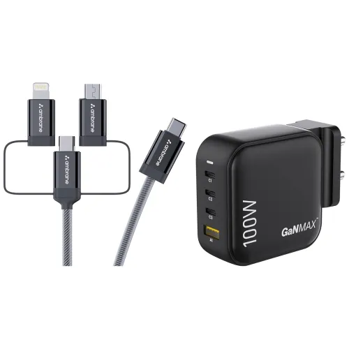 Image of Ambrane 100W Charger Adapter, 4 Ports - 3 Type C & 1 USB for iPhone & Android, MacBook & Type C Laptop, (RAAP H100, Blac