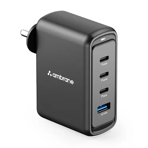Image of Ambrane 100W GaN Charger: Fast Charging Adapter with 4 Ports (3 USB-C + 1 USB-A), PD Support, iPhone 0–50% in Minutes, C