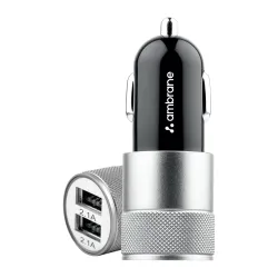 Ambrane 12W Fast Car Charger, Dual USB Output, Multi-Layer Protection, Fast Charging, Compatible with All Cars, Without Cable for All Mobiles & Other USB Enabled Devices (ACC74, Black & Silv...