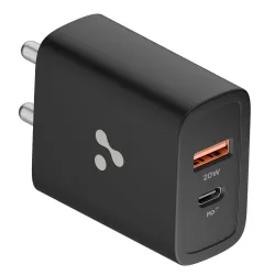Ambrane 20W Dual Port Wall Charger, USB & Type C Adapter Fast Charging far iPhone 16/15/14/13/12/11 (Pro,Pro Max,Plus), iPad, Google Pixel, Samsung & All Type C Devices BIS Certified (H11 Bl...