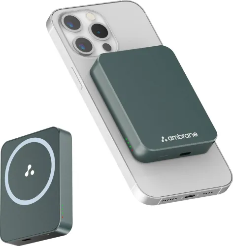 Image of Ambrane 5000 mAh 20 W Wired & Wireless With MagSafe Mini Pocket Size Power Bank (Green, Lithium Polymer, Power Delivery 
