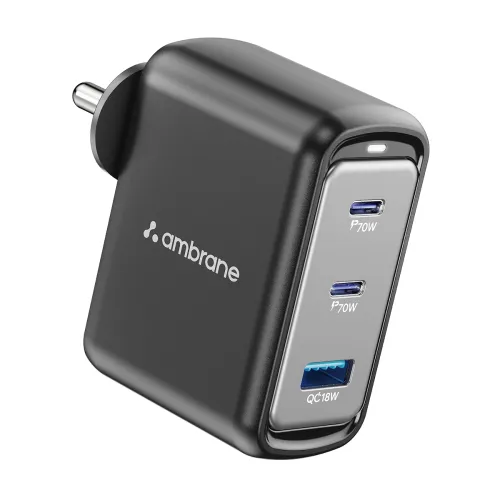 Image of Ambrane 70W Fast Charging Adapter Gan Charger,3 Ports (2 Type C & 1 USB),BIS Certified
