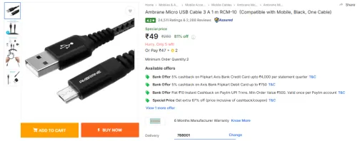 Image of Ambrane Micro USB Cable RCM‑10 1 m 3 A Fast‑Charging Braided Cable