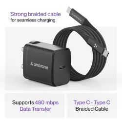 Ambrane Original 25W Charger Adapter with Type C to C Cable, Fast Charger Compatible with Iphone 17,16 Samsung