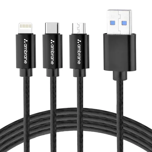 Image of Ambrane Trio-11 3-in-1 Fast Charging Cable (Black)