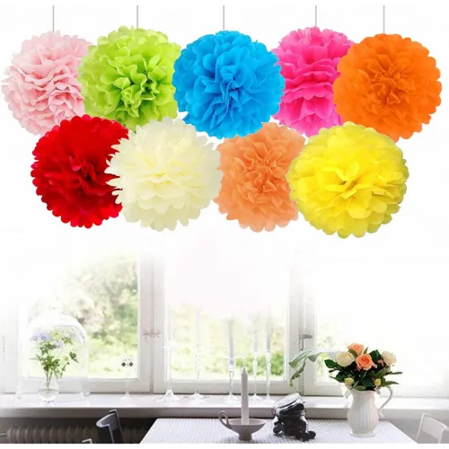 Image of AMFIN® Colorful Tissue Paper Pom Pom Balls – Hanging Flower Decorations for Birthday, Wedding, Baby Shower, Garden & Par