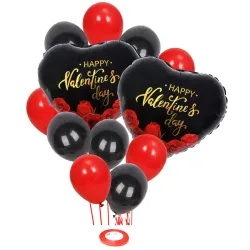 AMFIN® (Pack of 13) Happy Valentines Day Heart Shape Foil Balloon Bouquet with Red & Black Metallic Balloons & Curling 