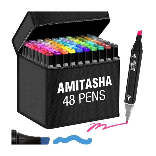 Image of Amitasha 48 Pc Dual Tip Chisel + Markers Double-Sided Pen Set For Drawing Sketching Coloring Artist Fine Line, Professio