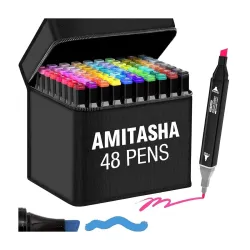 Amitasha 48 Pc Dual Tip Chisel + Markers Double-Sided Pen Set For Drawing Sketching Coloring Artist Fine Line, Professio