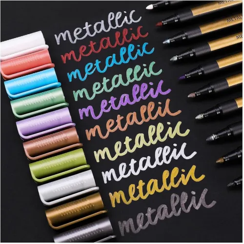 Image of Amitasha Metallic Art Marker Paint Pen Set of 12 Water-Based Shimmer Ink Fine Tip Color Shades for Glass, Metal, Ceramic