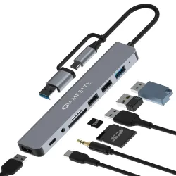 Amkette 8-in-1 Plus (A+C) USB Hub for Laptop, USB Hub Type C with USB 3.0, SD/TF Card Reader, 3.5mm Audio Jack, External HDD Support, Type C Hub Compatible with Windows, macOS & Linux