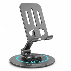 Amkette Ergo 360° Alloy Mobile Stand for Desk, Foldable Design with Stable Rotational Metallic Round Base, Multiple Height & Angle adjustments for Smartphones, Tablets & iPad (Grey)