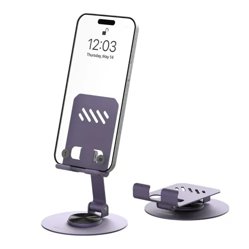 Image of Amkette Ergo 360° Alloy Mobile Stand for Desk, Foldable Design with Stable Rotational Metallic Round Base, Multiple Heig