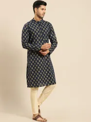 Amodh by Kisah Men Navy Blue Printed Kurta