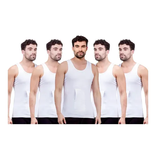 Image of Amul Comfy Men's Cotton White Interlock-Fabric Sleeveless Vest with Pocket Pack of 5.