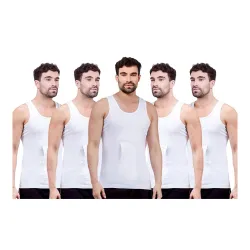 Amul Comfy Mens Cotton White Interlock-Fabric Sleeveless Vest with Pocket Pack of 5.