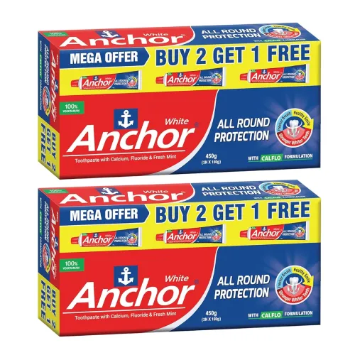 Image of Anchor All Round Protection White Toothpaste 900g (450g x 2) | Fluoride & Calcium | Fresh Breath | 100% Vegetarian | Meg