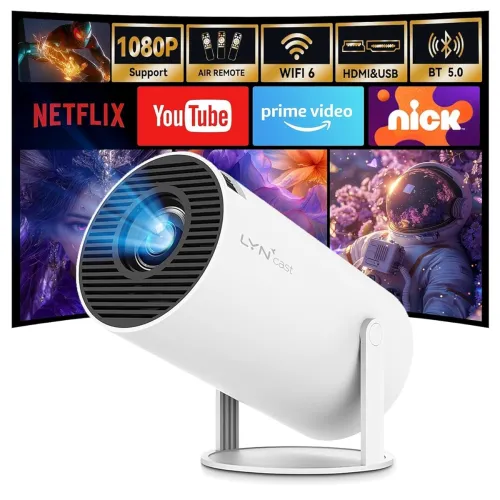 Image of Android TV: 270° Rotation Mini Projector with Bluetooth and WiFi 6, Auto Keystone Portable Projector 1080p 4K Compatible