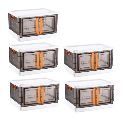 Image of ANH MART Set of 5 White Collapsible Storage Bins Box with Lids & Doors - 70L Folding Stackable Organizer with Wheels for