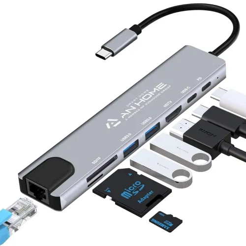 Image of AnHome USB C Hub 8 in 1, USB C Adapter to 4K HDMI, RJ45 Ethernet Port, USB 3.0, SD /TF Card Reader, 87W PD Charging Port