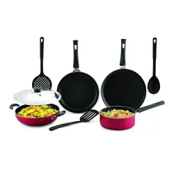 Anjali 8 pcs Cresta Nonstick Combo Kitchen Cookware Set Dosa Tawa 250mm, Fry Pan 240mm, Kadai 240mm, Steel Lid, Sauce Pa