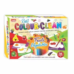 Ankit Toys & Games 2 in 1 Color & Clean Fruits and Vegetables, Reusable, Oil Pastels & Duster | Brain Boosting Game for Toddlers | Set of 24 Flash Cards in a Box for Age 3 Years & Above
