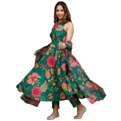 ANNI Designer Womens Cotton Blend Anarkali Printed Kurta with Pant & DupattaANNI Designer Womens Cotton Blend Anarkali