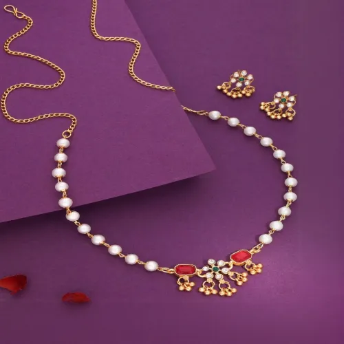 Image of Anouk Gold Plated Floral Design Pearl Chain Necklace set 