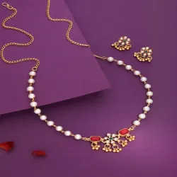 Anouk Gold Plated Floral Design Pearl Chain Necklace set 