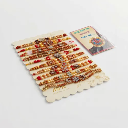 Image of Anouk Set Of 10 Multicolor Designer Thread Rakhi With Roli Chawal Chandan Mishri