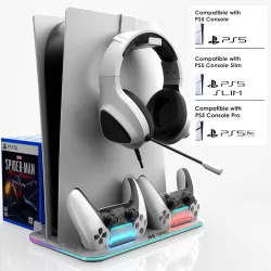 Ant Esports Dock5 RGB with Cooling Fan and Dual Controller Charger Station, PS5 Console Disc & Digital Edition, PS5 Cooling Station Accessories with RGB Light/Headset Holder/6 Game Slots/Scr...