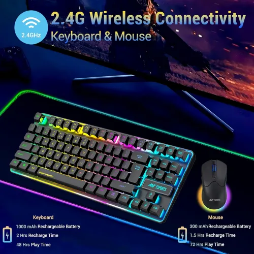 Image of Ant Esports KM730 Pro Gaming Wireless TKL Keyboard Mouse Combo Rechargeable RGB Backlit Tenkeyless Compact 87 Keys 6 But