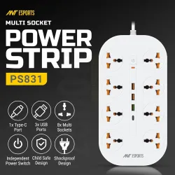 Ant Esports PS831 Power Strips with 8 Universal Socket and 3USB-A & 1Type-C, 3-Meter Cord