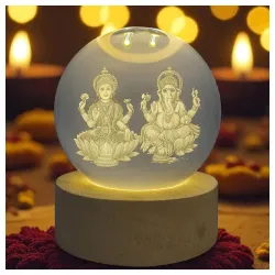 ANTORCHÉ Lakshmi Ganesh Crystal Ball Lamp with Wooden Base | 3D Engraved LED Night Light for Home Decor, Puja Room & Diw