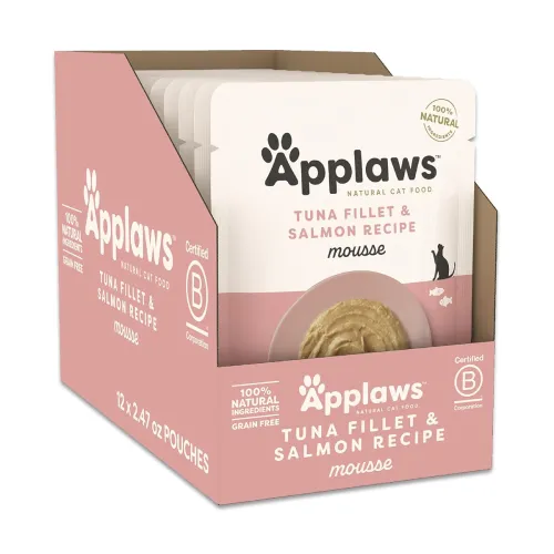 Image of Applaws Natural Premium Wet Cat Food for Adult Cats, Tuna Fillet & Salmon Recipe Mousse Pack of 12 x 70g Pouches