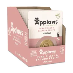 Applaws Natural Premium Wet Cat Food for Adult Cats, Tuna Fillet & Salmon Recipe Mousse Pack of 12 x 70g Pouches
