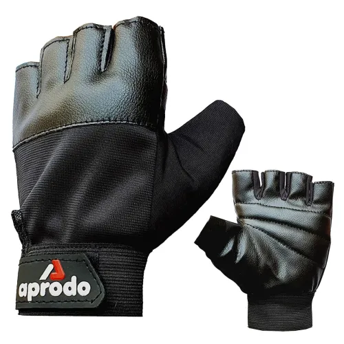 Image of Aprodo Beginner Gym Gloves with Wrist Support Strap | 1 Pair - Free Size (Black) | Fitness Gloves with Leather Foam Fabr