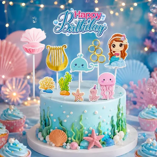 Image of 11 Pcs Aqua Theme Happy Birthday Cake Topper Set for Girls Party Décor