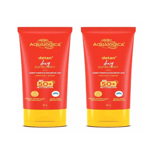 Image of Aqualogica Detan & Dewy Sunscreen SPF50 – 2 Pack, 80g Each