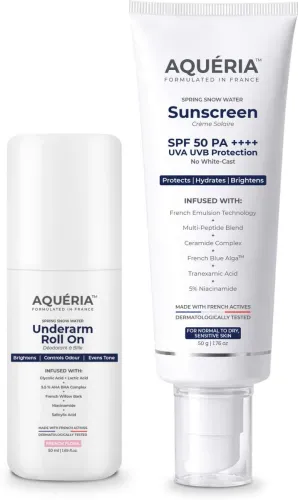 Image of Aqueria Daily Brightening Essentials Kit | Brightening French Sunscreen SPF 50 PA+++ (50g) & 5.5% AHA BHA Underarm Roll 