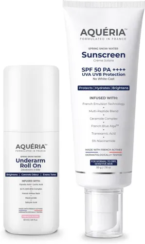 Image of aqueria Daily Brightening Essentials Kit Brightening French Sunscreen+ Underarm Roll On (50ml)