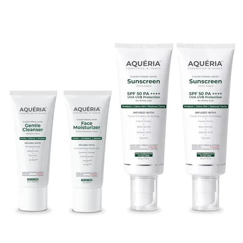 Image of Aqueria French Skincare Kit (Pack of 4) for Acne-Prone, Oily & Combination Skin | Oil Control Brightening French Sunscre