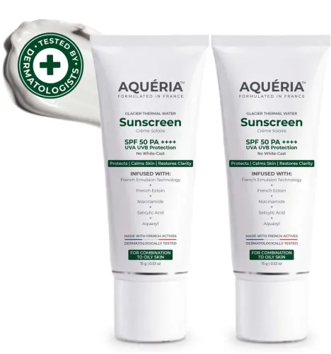 Image of aqueria Sunscreen - SPF 50 PA++++ Oil Control Brightening French Multi-Active SPF | 2% Niacinamide, Salicylic Acid (30 g