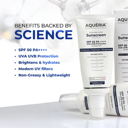 Image of Aqueria Sunscreen - SPF 50 PA++++ Brightening & Hydrating French Multi-Active SPF | Niacinamide, Tranexamic Acid (100 g)