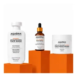 Aqueria Vitamin C Brightening Skincare Combo | De-Tan Face Wash 200ml + 10% Vitamin C Serum 50ml + Super Light Brightening Moisturizer 100g | Niacinamide, Hyaluronic Acid | Glow, Hydration &...