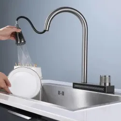 Aquieen Table Mounted Hot & Cold Pull Out Kitchen Sink Mixer with Waterfall Provision & Connecting Hoses (Gun Gray)