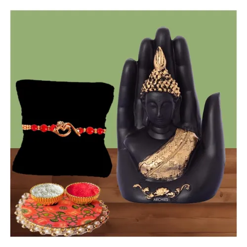 Image of ARCHIES Rakhi for Brother on Rakshabandhan | Palm Buddha Idol Combo Set with 1 Special Rakhi for Bhaiya/Bro/Bhai with Ca
